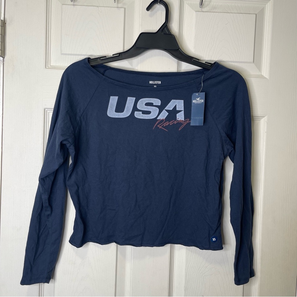 Hollister Women’s Oversized Blue Long Sleeve Relaxed USA Racing Graphic Tee XS